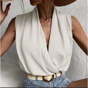 Satin Overlap Wrap Luxe Work Office Sleeveless Top Blouse Shirt